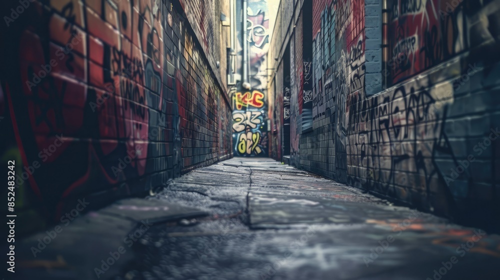 Fototapeta premium Photograph of a grunge-style urban alleyway featuring graffiti-covered concrete walls and gritty textures