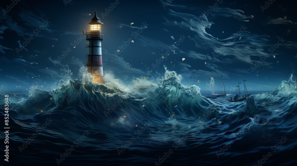 glowing lighthouse on translucent background, wireframe glowing lighthouse on translucent background, wireframe