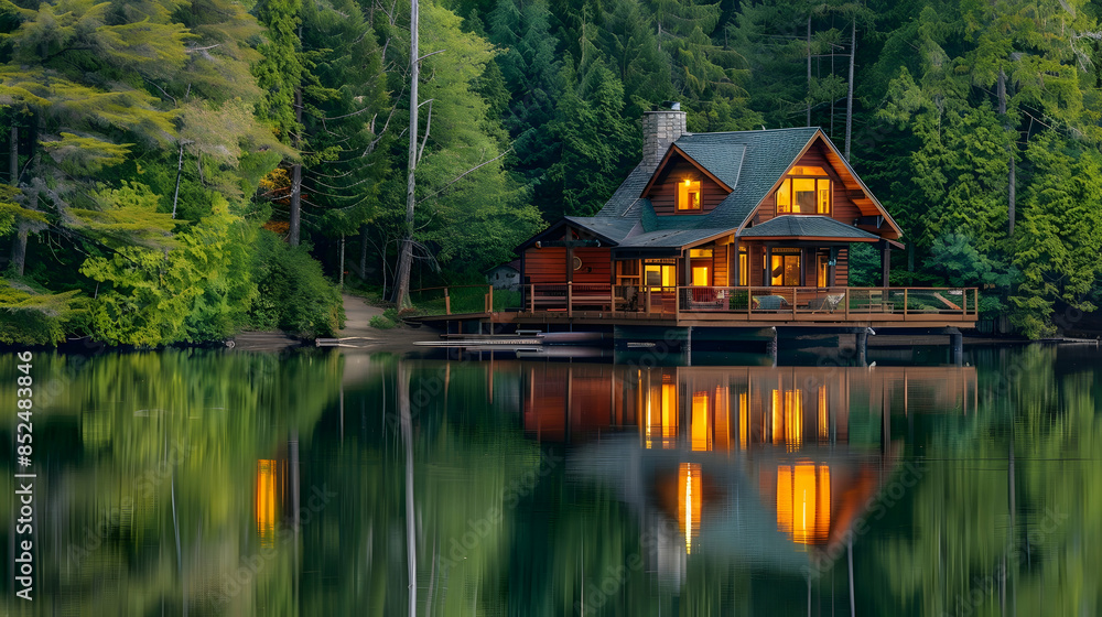 Fototapeta premium Lakefront Cabin with Lights On Illustration