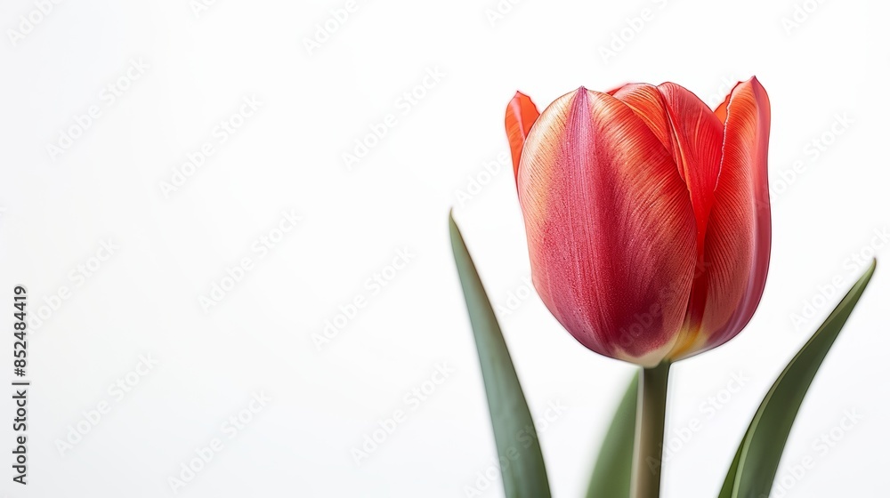 A single red tulip with green leaves against a white background. A single red tulip with green leaves against a white background.