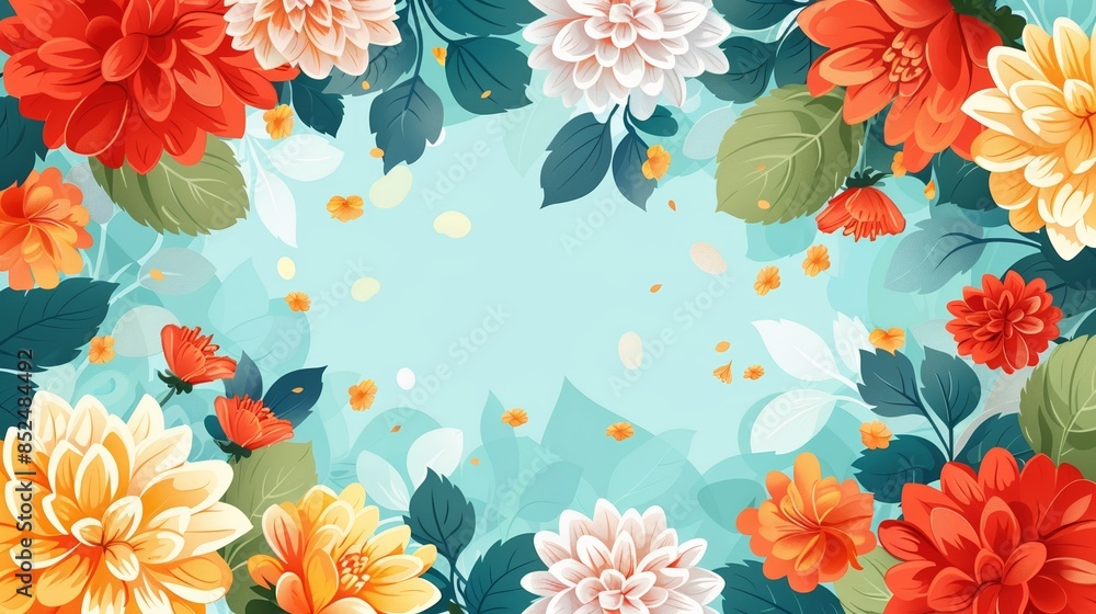 A vibrant floral border with red, white, and yellow dahlias on a blue background. A vibrant floral border with red, white, and yellow dahlias on a blue background.