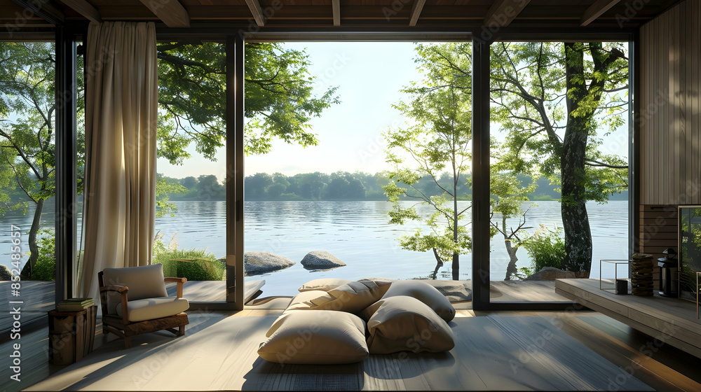 3D Illustration of a Modern Cabin with a View of a Lake and Forest