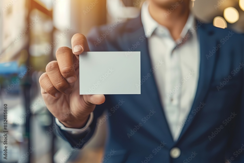 Male hand holds an empty white business card. Clean blank flyer in businessman arm. For your text. Business communication company entrepreneur concept. Man holding showing white single business card Male hand holds an empty white business card. Clean blank flyer in businessman arm. For your text. Business communication company entrepreneur concept. Man holding showing white single business card