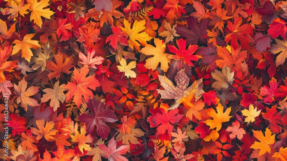 Close-up of assorted autumn leaves, showcasing a tapestry of rich reds, oranges, and yellows with intricate vein patterns Close-up of assorted autumn leaves, showcasing a tapestry of rich reds, oranges, and yellows with intricate vein patterns