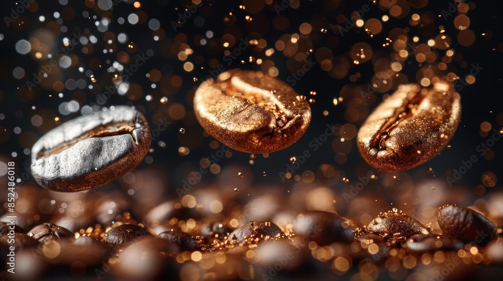 lot of metallic coffee beans in silver and gold floating in the air, black background lot of metallic coffee beans in silver and gold floating in the air, black background