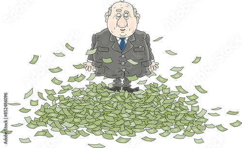 Corrupt official standing on a big pile of money and enjoying his illegal gains, vector cartoon illustration on a white background photo