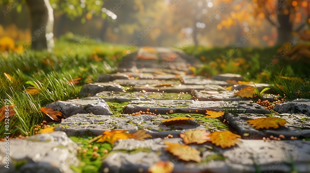 Fototapeta premium Stone boardwalk in a bright field during autumn with fallen leaves on the ground very detailed and realistic shape