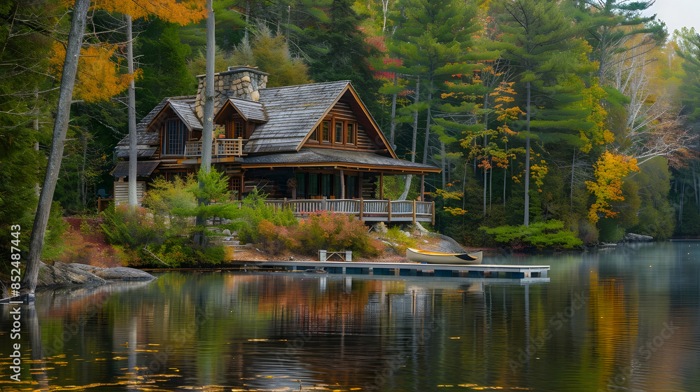 Autumnal Cabin by the Lake - A Realistic Photo Autumnal Cabin by the Lake - A Realistic Photo