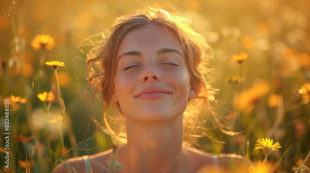 Fototapeta premium A woman with eyes closed smiles softly, surrounded by yellow flowers in a sun-drenched field