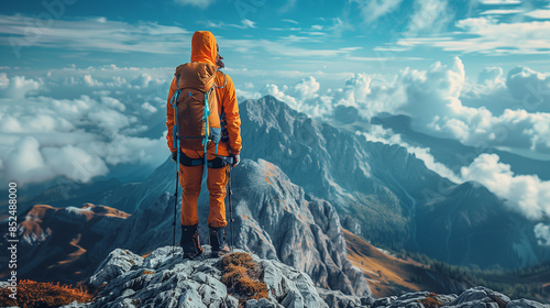 A lone hiker stands atop a rocky mountain peak, taking in the breathtaking view of a vast, cloud-covered landscape
