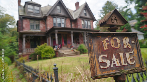 A weathered For Sale sign stands in front of a charming Victorian home, surrounded by lush green foliage