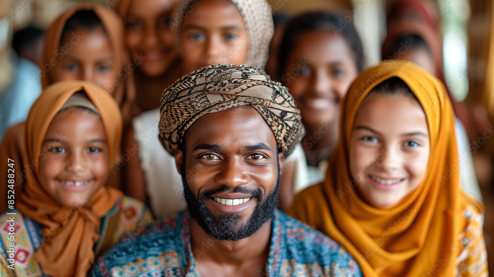 A diverse group of students, including a man with a beard and turban, smile and look directly at the camera in a classroom setting A diverse group of students, including a man with a beard and turban, smile and look directly at the camera in a classroom setting