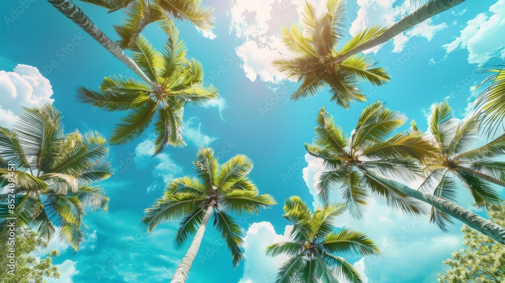 Blue sky and palm trees view from below, vintage style, summer panoramic background, tropical travel web banner. summer. Blue sky and palm trees view from below, vintage style, summer panoramic background, tropical travel web banner. summer.