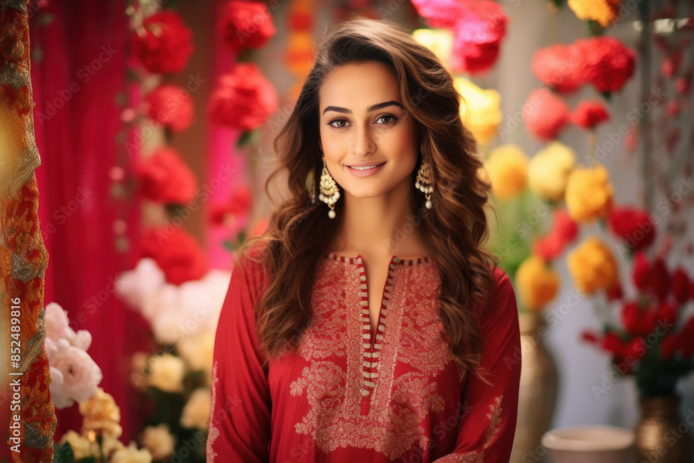 happy young and beautiful women wearing ethnic Salwar Suit. flowers and little lights in background. happy young and beautiful women wearing ethnic Salwar Suit. flowers and little lights in background.