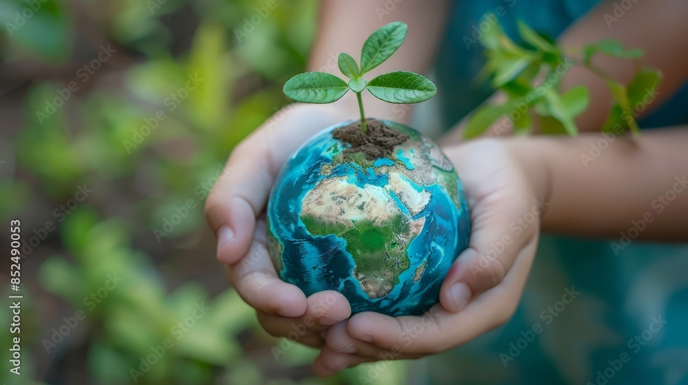 Children's hands hold a small globe of planet earth with a young plant. the concept of environmental protection, the fragility of the ecological system, ecological world. Children's hands hold a small globe of planet earth with a young plant. the concept of environmental protection, the fragility of the ecological system, ecological world.