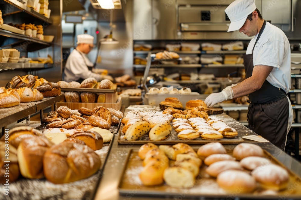 A wide-angle view of a bustling bakery kitchen with bakers preparing fresh bread and pastries