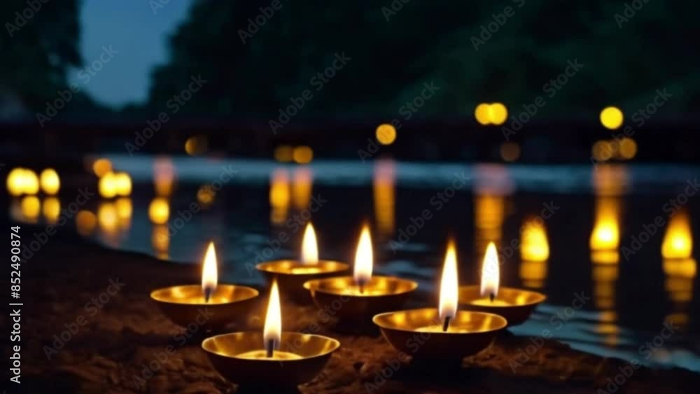 Serene Riverbank Night View with Traditional Oil Lamps, Flickering Flames, Soft Light, Water Reflection, and Tranquil Evening Ambiance Serene Riverbank Night View with Traditional Oil Lamps, Flickering Flames, Soft Light, Water Reflection, and Tranquil Evening Ambiance