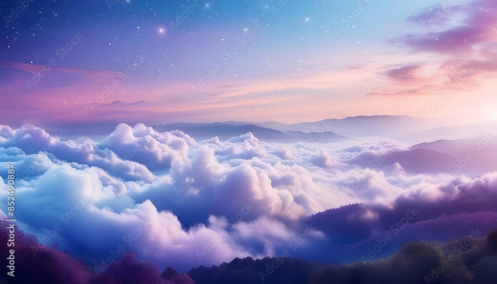 A heavenly sky full with ethereal, misty fluffy clouds with sparkles. Clear, bright blues, purples, pinks . Illustration for cover, card, postcard, interior design, background, copy space A heavenly sky full with ethereal, misty fluffy clouds with sparkles. Clear, bright blues, purples, pinks . Illustration for cover, card, postcard, interior design, background, copy space
