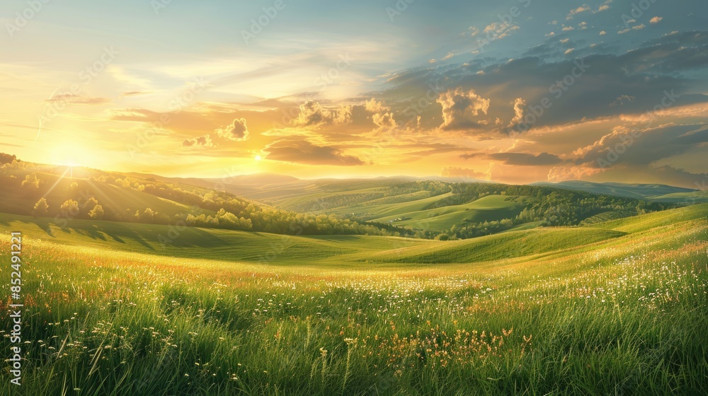 Obraz premium Beautiful summer colorful rustic pastoral landscape panorama. Tall flowering grass on green meadow at sunrise or sunset with beautiful announcement against blue sky