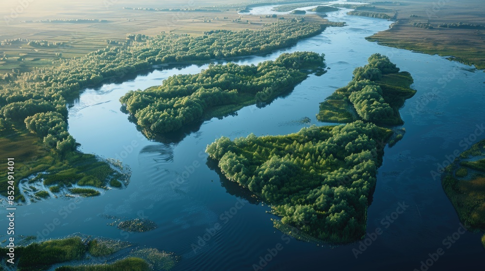 Bird s eye view of a river and an island Bird s eye view of a river and an island