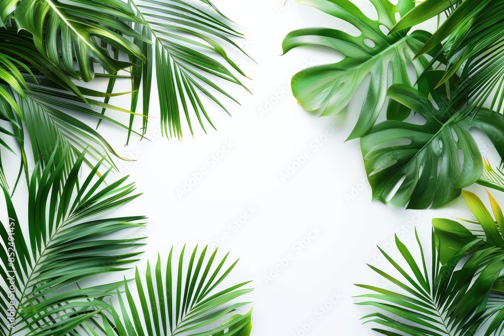 Tropical green palm leaves and jungle foliage pattern isolated on a white background, with space for text or design. Tropical green palm leaves and jungle foliage pattern isolated on a white background, with space for text or design.