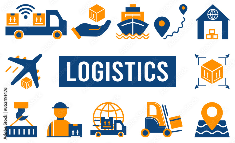 Obraz premium Logistics minimal solid web icon set with Smart Logistics, Water Transport, Forklift and more. Vector illustration eps10.