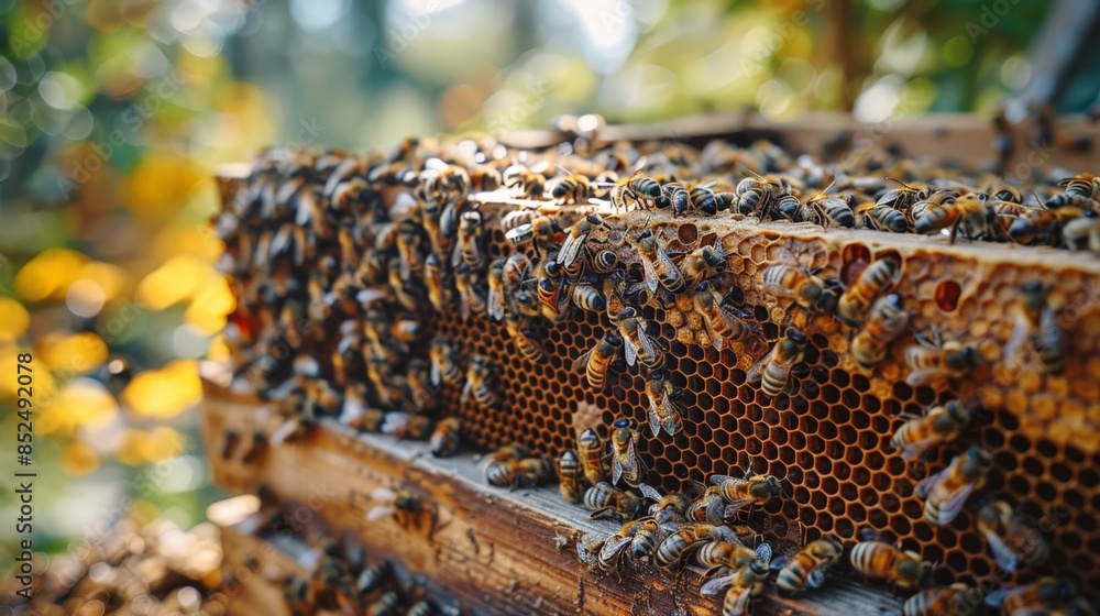 Honeybee hive: buzzing activity, pollination process, honey production ...