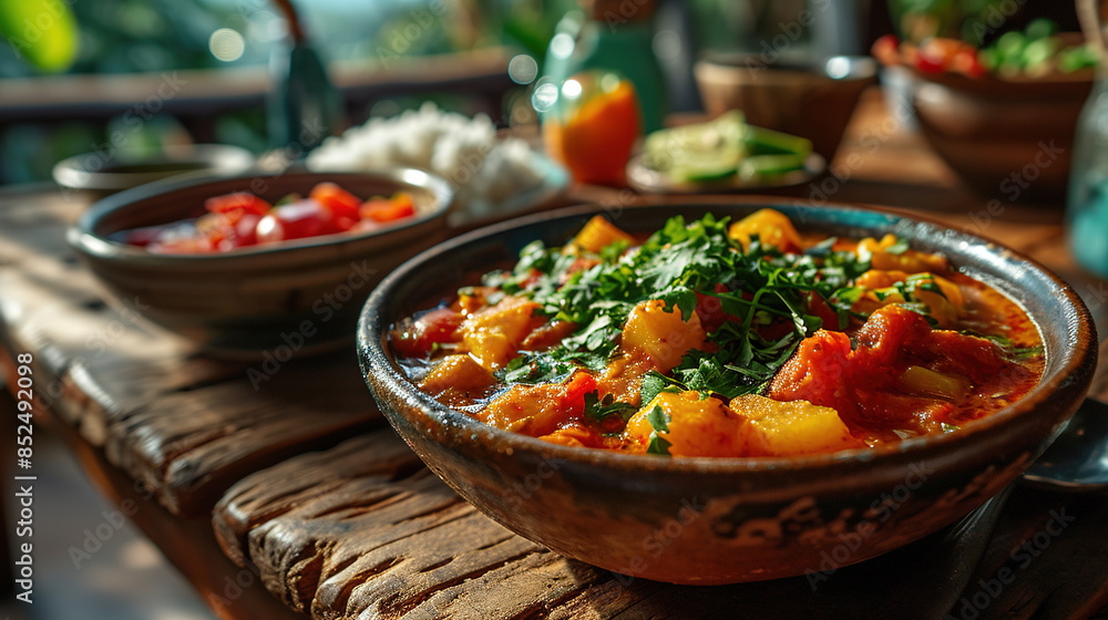 alu curry in bowl on wooden table alu curry in bowl on wooden table