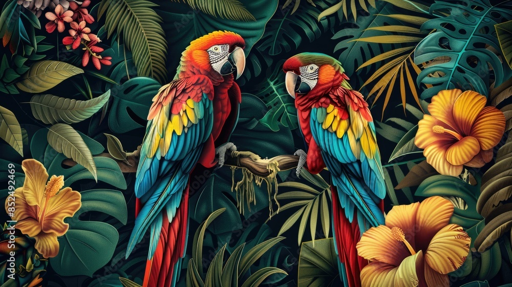 Fototapeta premium Illustration of a tropical rainforest with parrots
