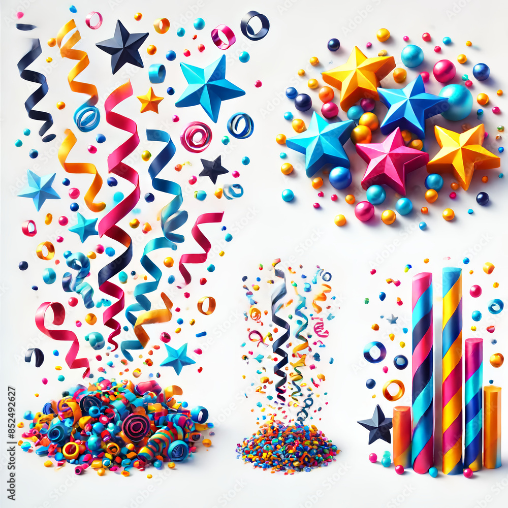 Obraz premium The design should feature colorful confetti in various shapes and sizes, including stars, circles, and streamers. The confetti should appear to be falling or scattered, creating a festive and celebrat