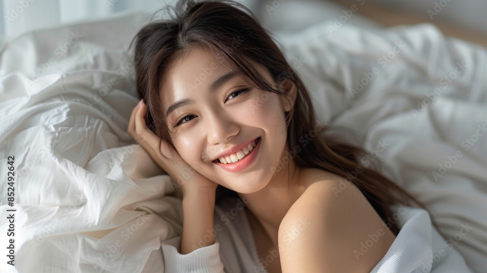 beautiful young asian women smile happy on bed beautiful young asian women smile happy on bed