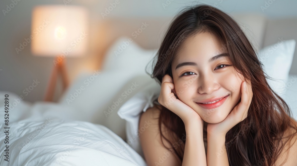 beautiful young asian women smile and are happy on bed beautiful young asian women smile and are happy on bed