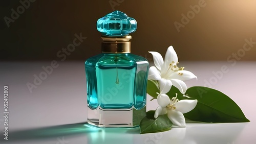 A minimal green-blue coloured small glass Arabian perfume (itra) bottle with jasmine flower, vines pattern in a professional photo studio lighting, on a pedestal, in 3/4th view with Jasmine flowers an photo