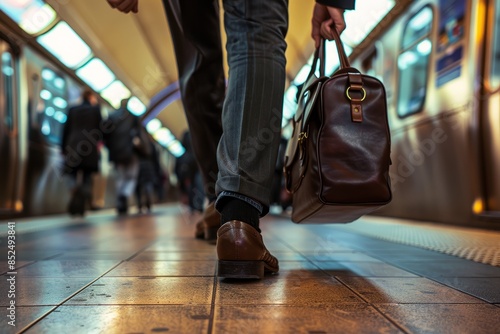 A businessman walks through a subway station carrying a leather briefcase