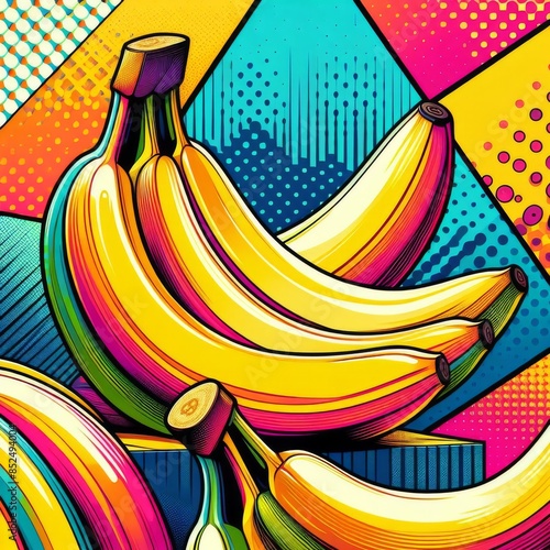 A vivid and playful pop art illustration of bananas set against a dynamic, colorful geometric background. The bold use of colors and patterns captures attention, evoking a lively and energetic mood