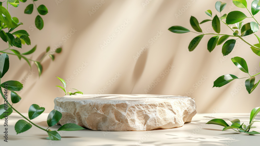 Stone Podium pedestal with green leaves on beige background for promotion presentation of cosmetics, healthy or beauty product placement pedestal display. Natural showcase product present Stone Podium pedestal with green leaves on beige background for promotion presentation of cosmetics, healthy or beauty product placement pedestal display. Natural showcase product present