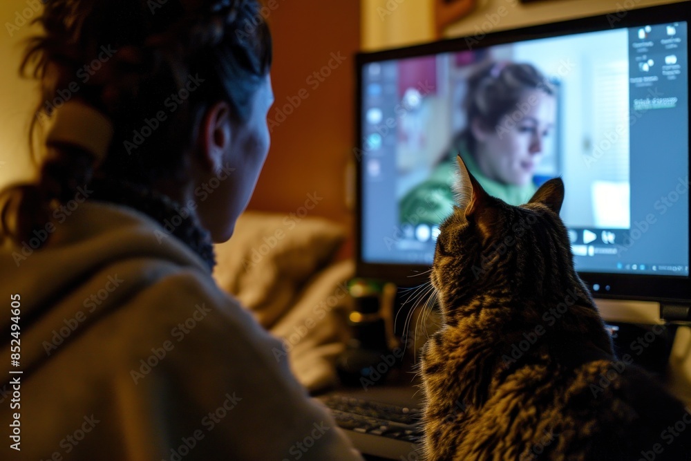 Fototapeta premium Ginger Cat Attends Virtual Veterinary Consultation With Owner During Daytime
