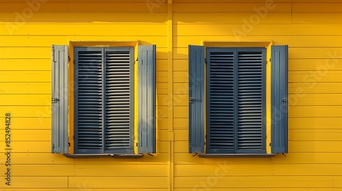 Two window with metallic shutter and wooden yellow wall very detailed and realistic shape