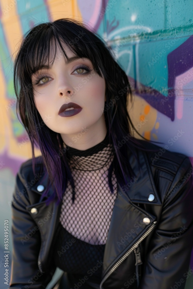 Brunette goth rocker, female, fashion and make-up shoot Portrait. Gothic, Goth, Emo, New Wave, Dark style fashion. Dark smokey make-up, red lipstick. Dramatic. Elegant.	