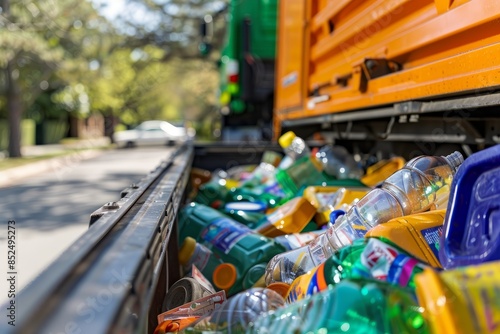 A close-up photograph of the bed of a recycling truck parked at a residential curbside collection point, filled with a variety of plastic bottles