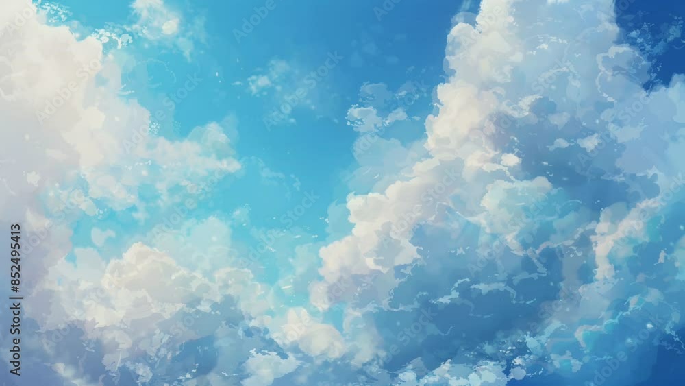 Vibrant blue sky adorned with fluffy white clouds, creating a dynamic and expansive atmosphere anime style Vibrant blue sky adorned with fluffy white clouds, creating a dynamic and expansive atmosphere anime style