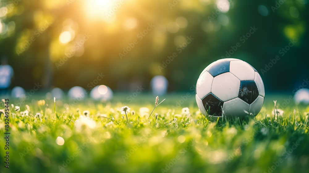 Fototapeta premium EM 2024 soccer Football. Soccer Ball on Lush Green Grass with Bokeh Background. Soccer & Sports Concept