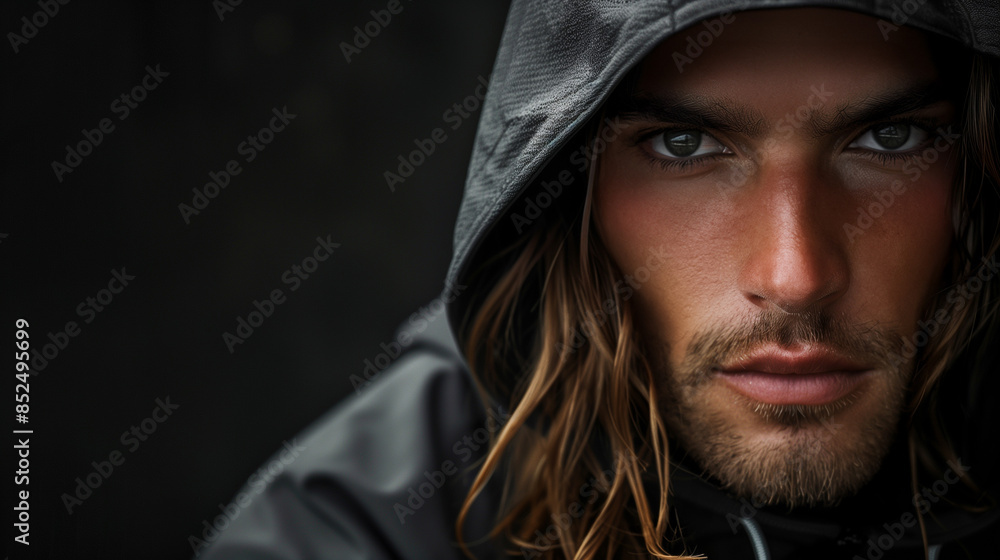 Close-Up of a Male Model Wearing a Hooded Jacket Close-Up of a Male Model Wearing a Hooded Jacket