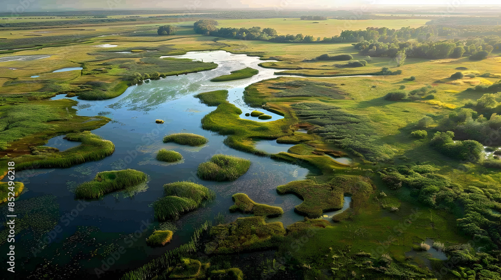 Aerial View of a Serene River Winding Through Lush Green Meadows Photo Aerial View of a Serene River Winding Through Lush Green Meadows Photo