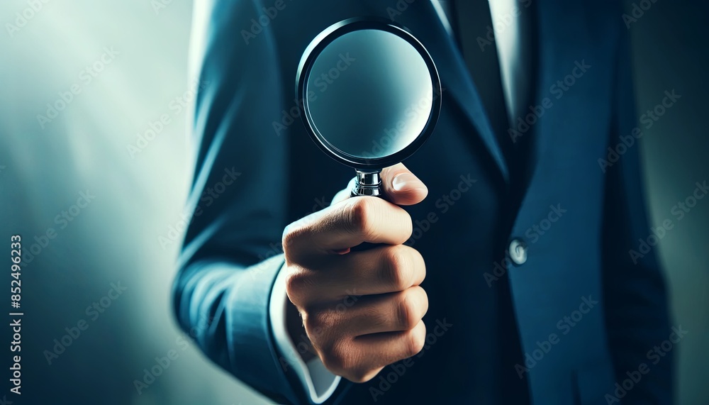 a hand holding a magnifying glass. The hand is shown from the wrist up, wearing a dark blue suit jacket with a white shirt a hand holding a magnifying glass. The hand is shown from the wrist up, wearing a dark blue suit jacket with a white shirt