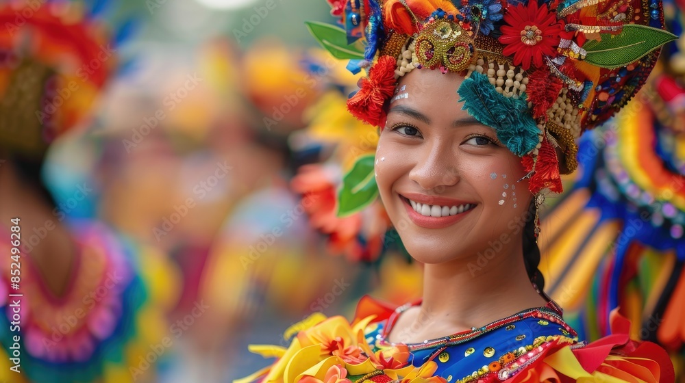 A smiling woman in a colorful traditional costume at a festival. A smiling woman in a colorful traditional costume at a festival.