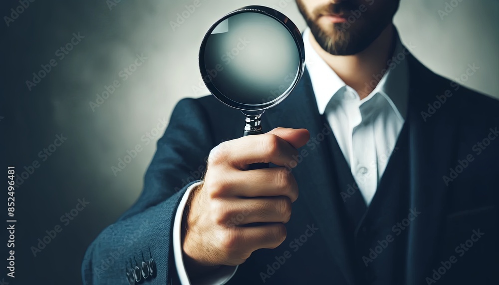 a hand holding a magnifying glass. The hand is shown from the wrist up, wearing a dark blue suit jacket with a white shirt a hand holding a magnifying glass. The hand is shown from the wrist up, wearing a dark blue suit jacket with a white shirt
