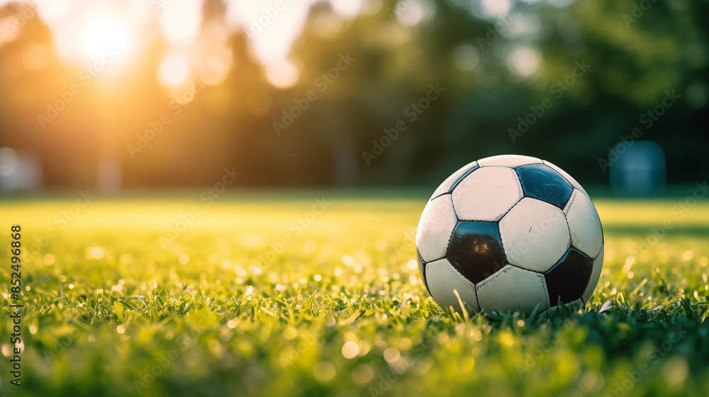 Obraz premium EM 2024 soccer Football. Soccer Ball on Lush Green Grass with Bokeh Background. Soccer & Sports Concept