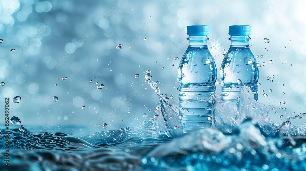Water bottles in blue water background very detailed and realistic shape Water bottles in blue water background very detailed and realistic shape
