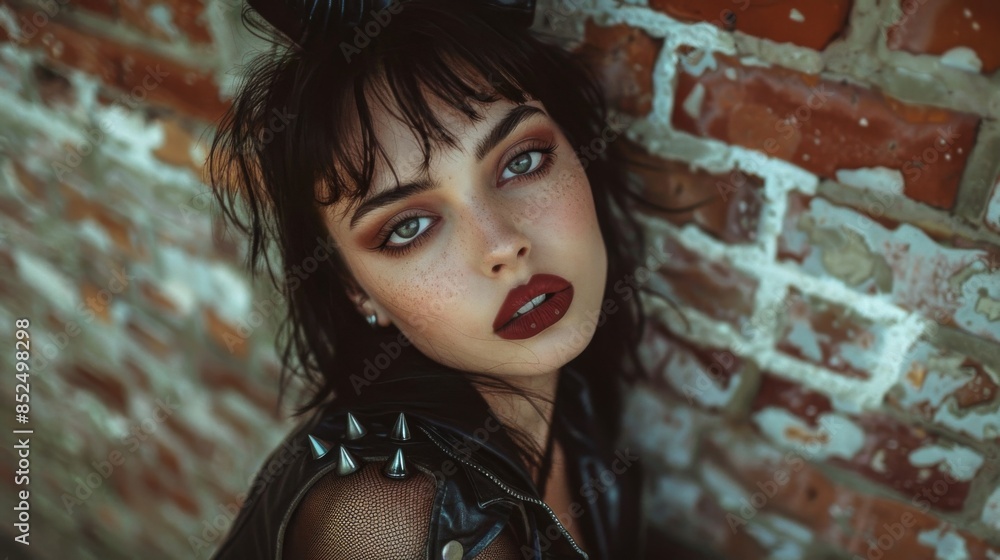 Brunette rocker, female, fashion and make-up shoot Portrait. Gothic, Goth, Emo, New Wave, Dark style fashion. Dark smokey make-up, red lipstick. Dramatic. Elegant. Brunette rocker, female, fashion and make-up shoot Portrait. Gothic, Goth, Emo, New Wave, Dark style fashion. Dark smokey make-up, red lipstick. Dramatic. Elegant.